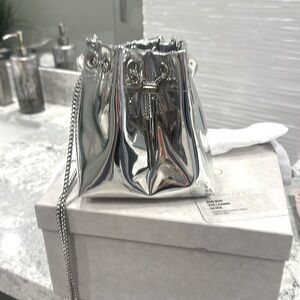 Jimmy Choo Bon Bon Silver bucket bag with handle and chain strap